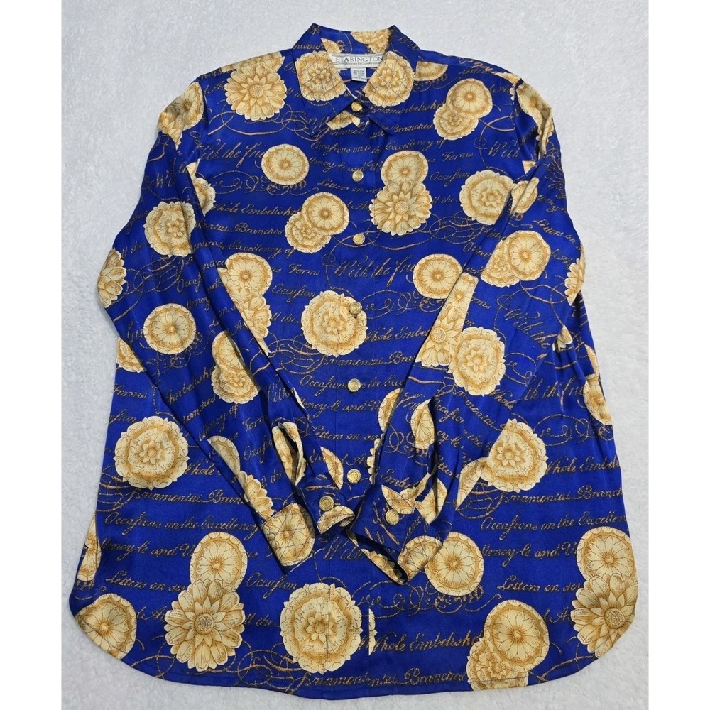 Starington 100% Silk Button Front Blouse Padded Women's Sz 10 Blue  Long Sleeve
